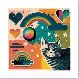 Retro Fun Kitty, Hearts, Stars and Rainbows Posters and Art